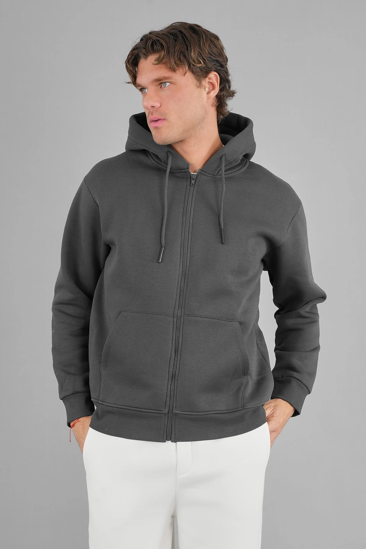 Erkek Antrasit Kapşonlu 3 İplik Fermuarlı Ceket Sweatshirt