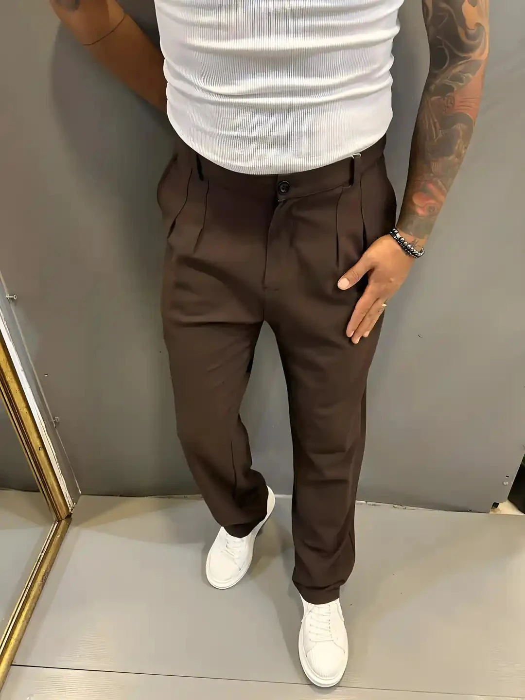 Erkek Acı Kahve Baggy Fileli Kumaş Gabardin Pantolon