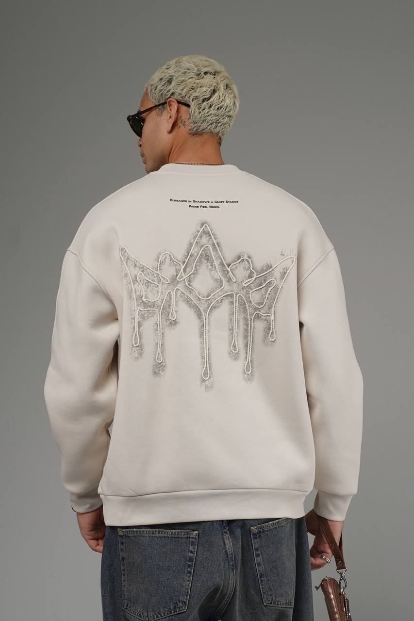 Erkek Bej  KİNG 3 İplik Oversize Sırt Baskı Premium Sweatshirt