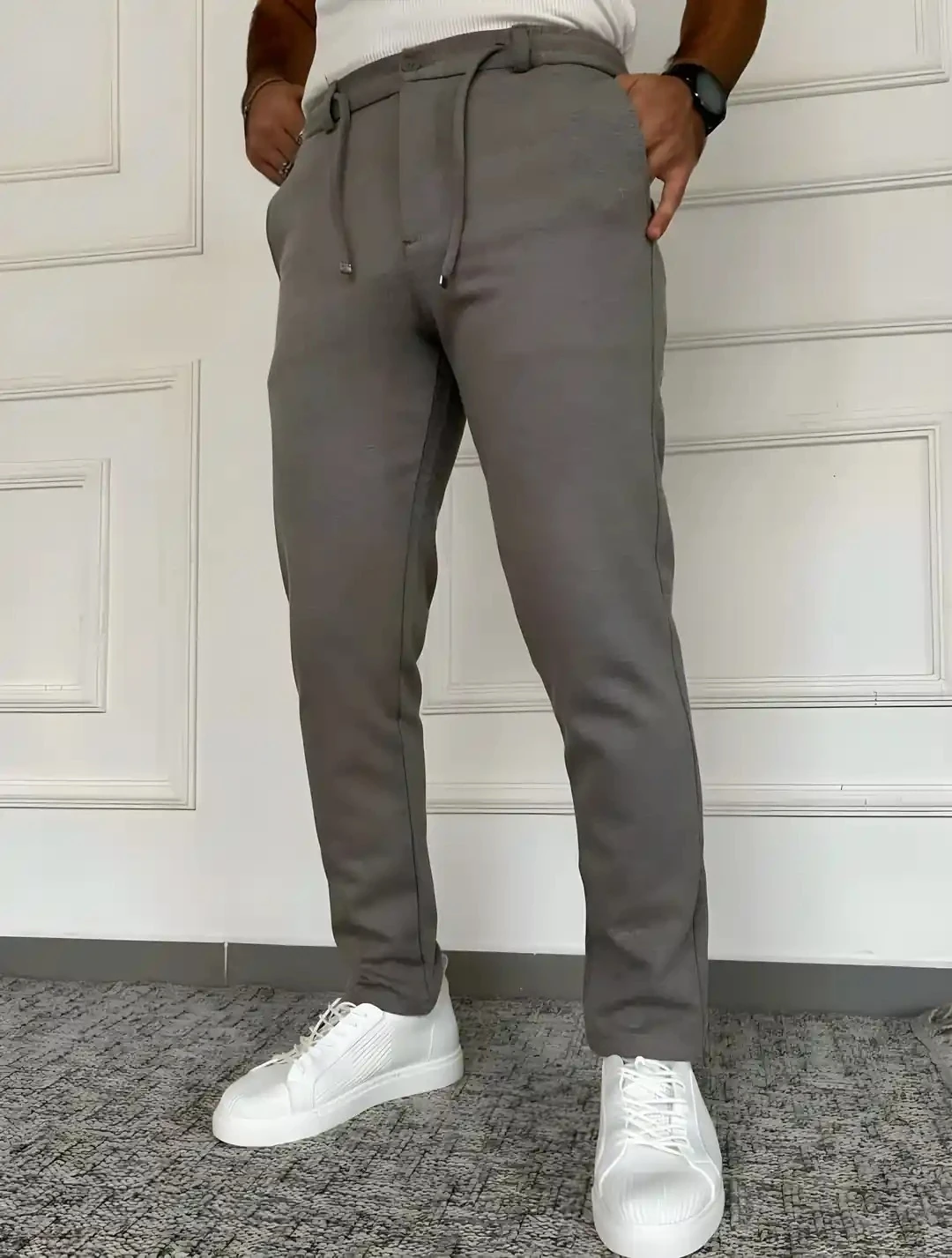 Erkek Bej  Slim Fit kırcıllı  Pantolon