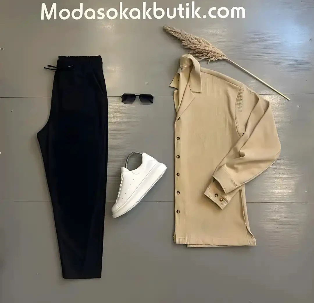 Erkek Fitilli Kumaş Bej Gömlek  Siyah Pantolon Takım Kombin