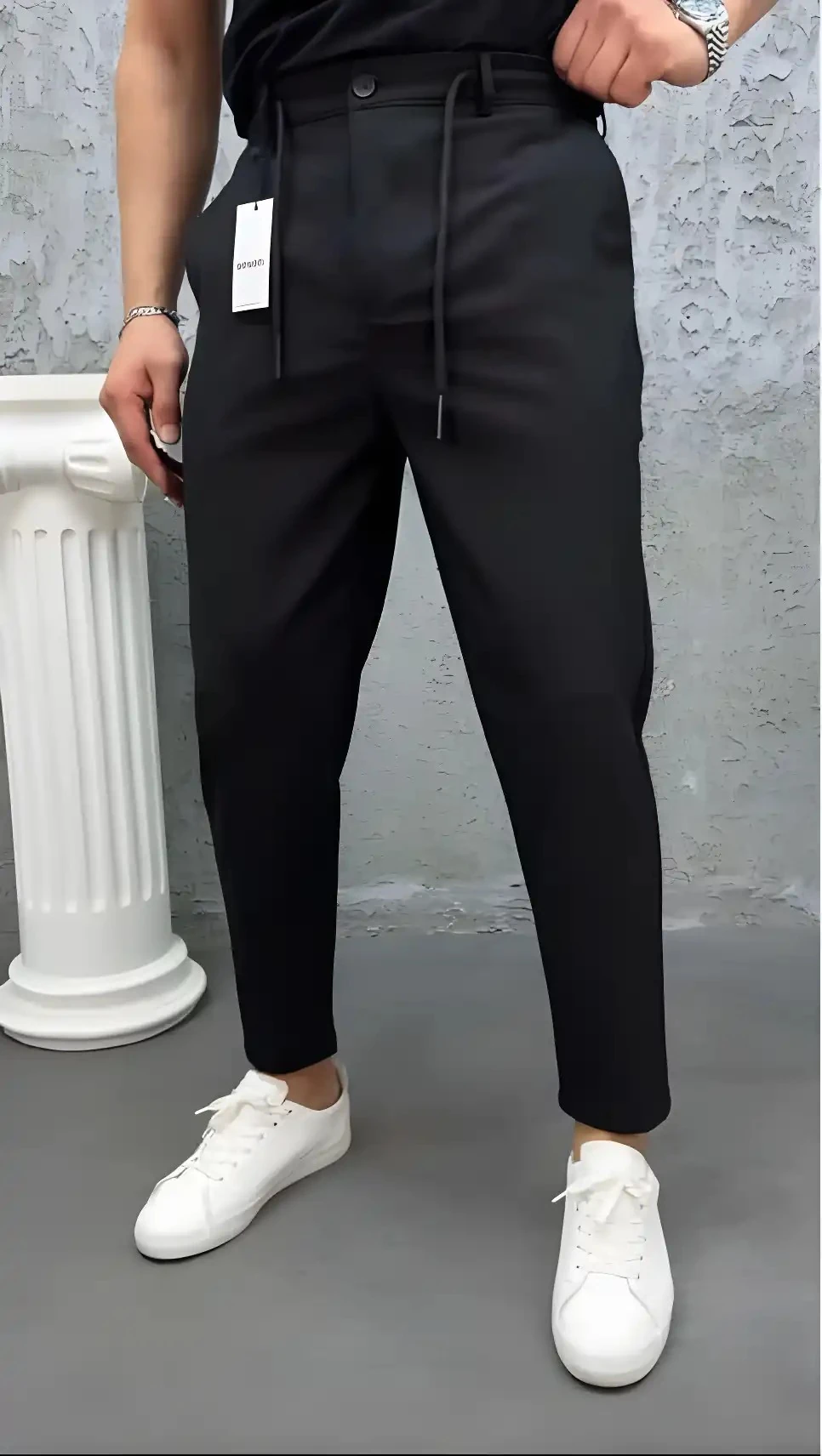 Erkek Siyah Bel Bağcıklı jogger Pantolon