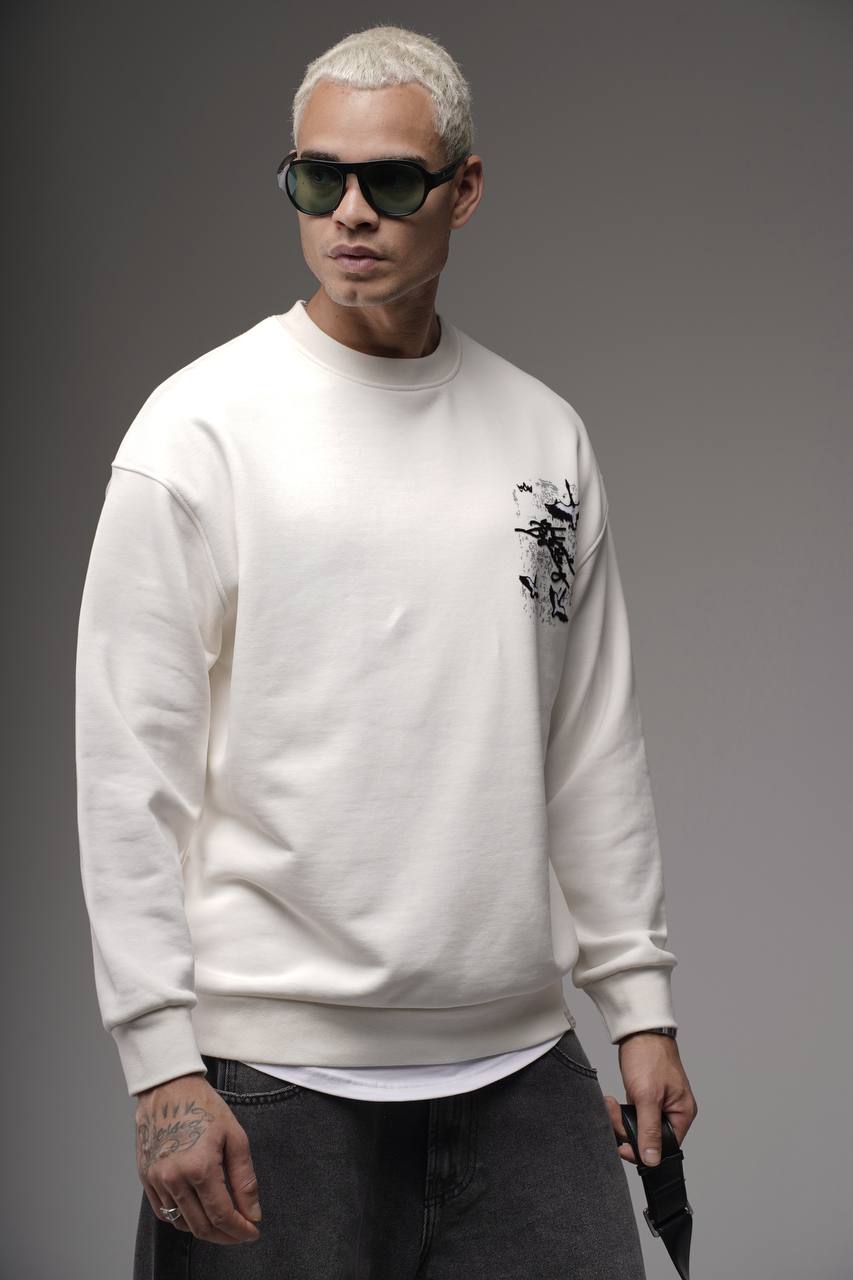 Erkek Beyaz KUŞ 3 İplik Oversize Sırt Baskı Premium Sweatshirt