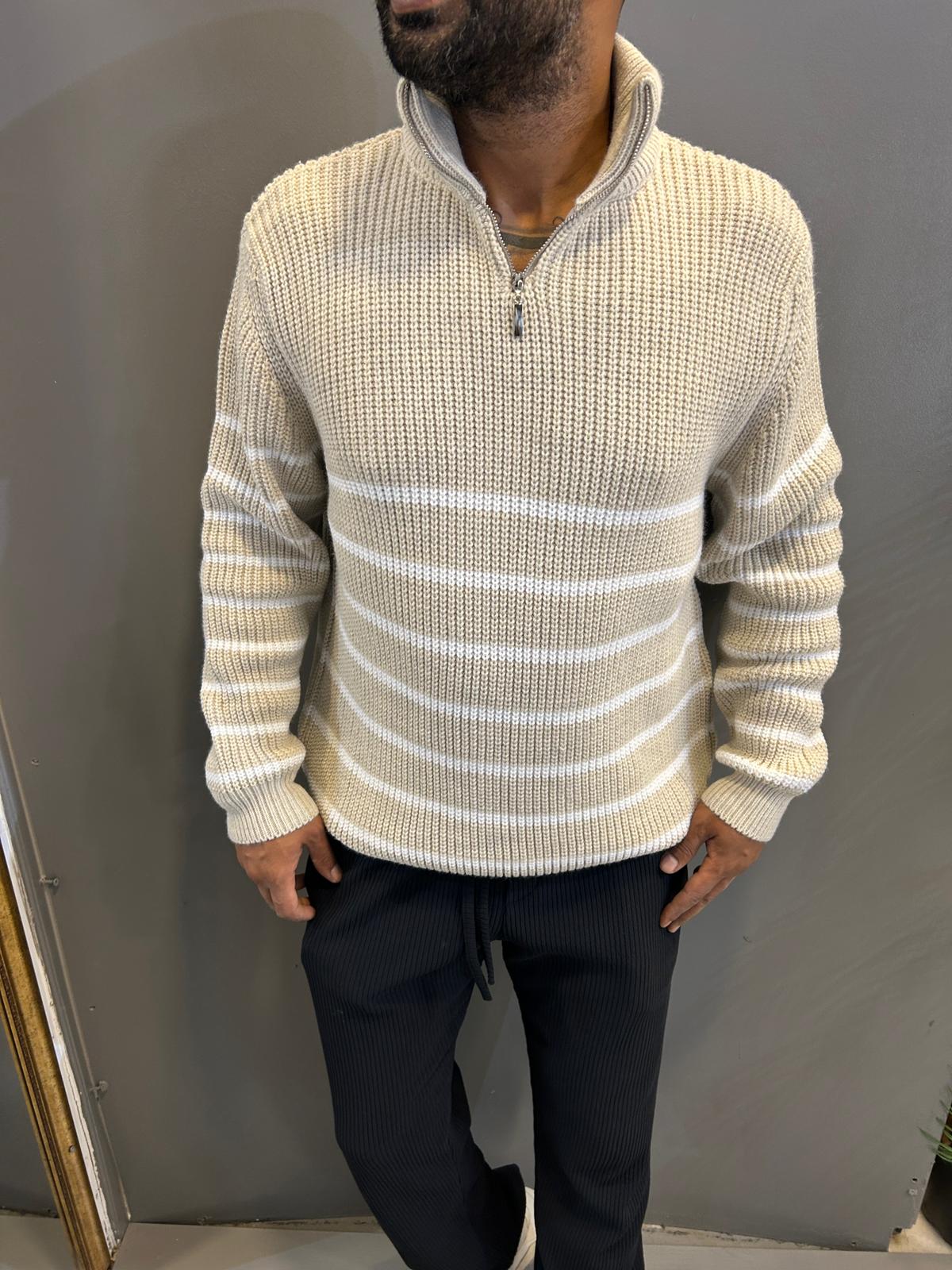 Erkek Çizgili Bej Triko Kazak