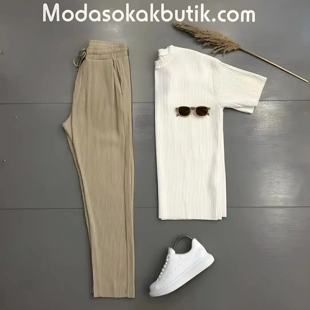 Erkek Fitilli Kumaş T-shirt Pantolon  Kombin