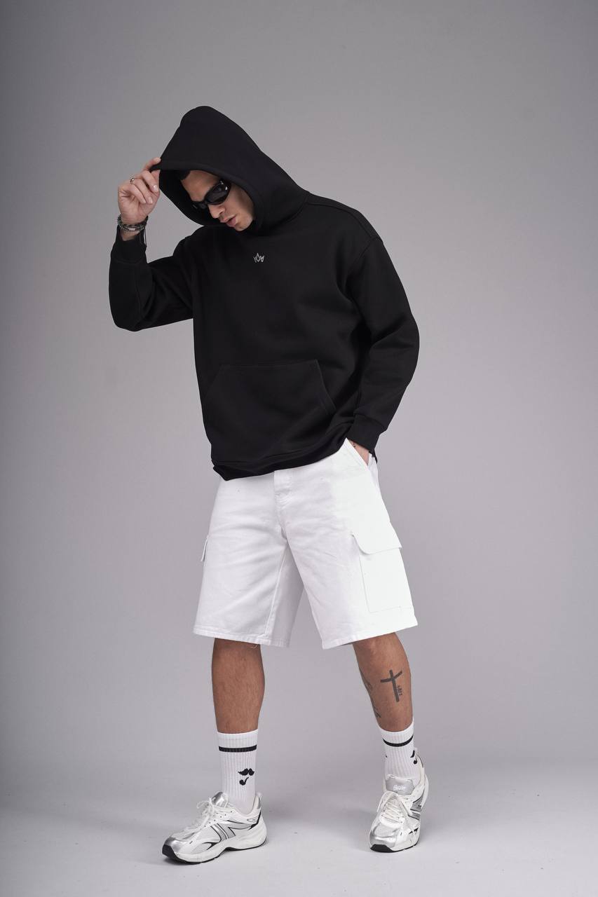 Erkek Siyah Kapşonlu 3 İplik Oversize Sırt Baskı Premium Sweatshirt