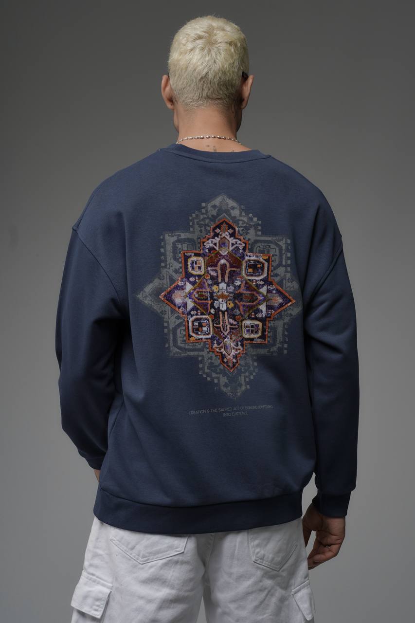 Erkek Lacivert Etnik Oversize Sırt Baskı Premium Sweatshirt
