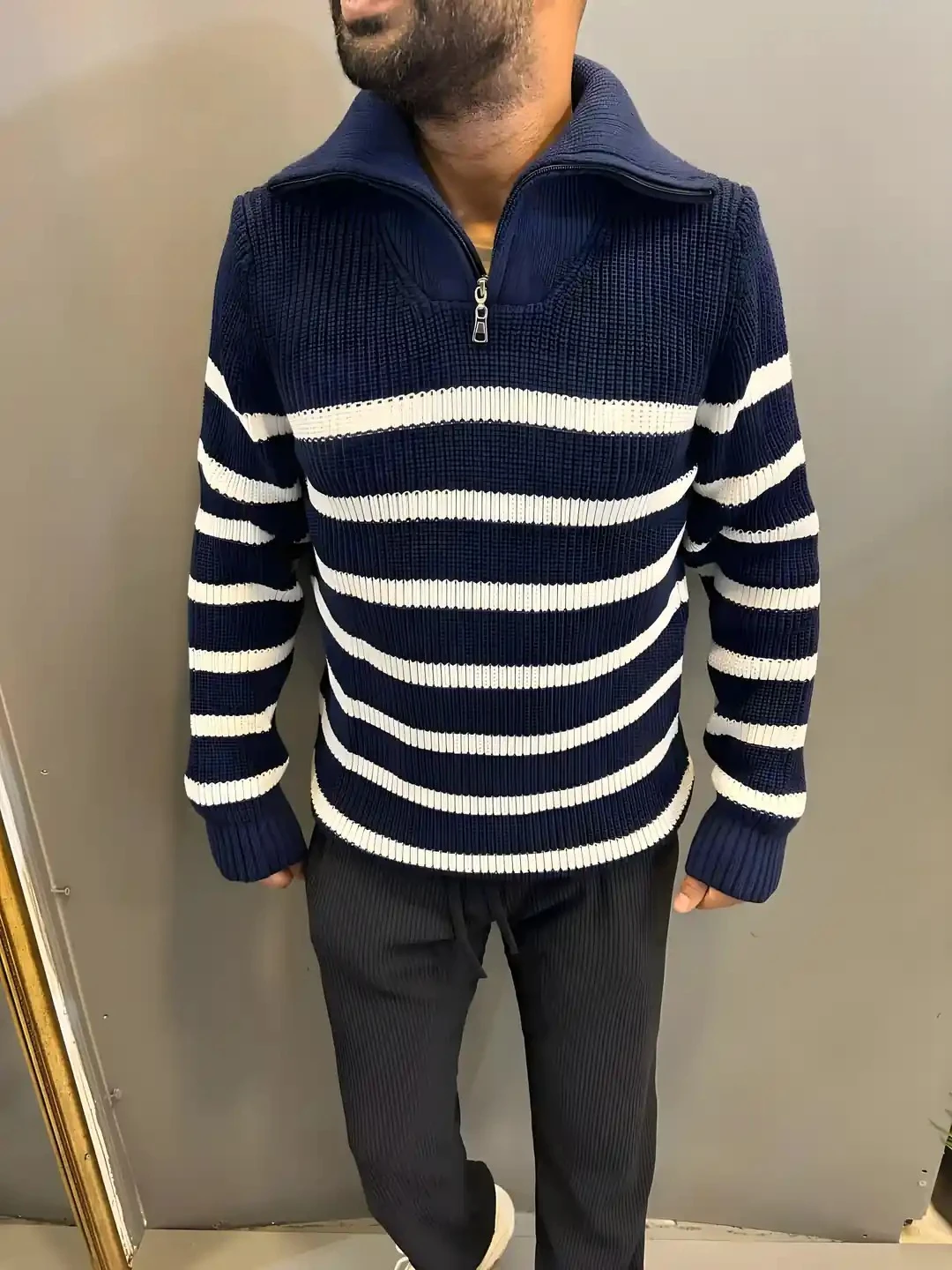Erkek Çizgili Lacivert Triko Kazak
