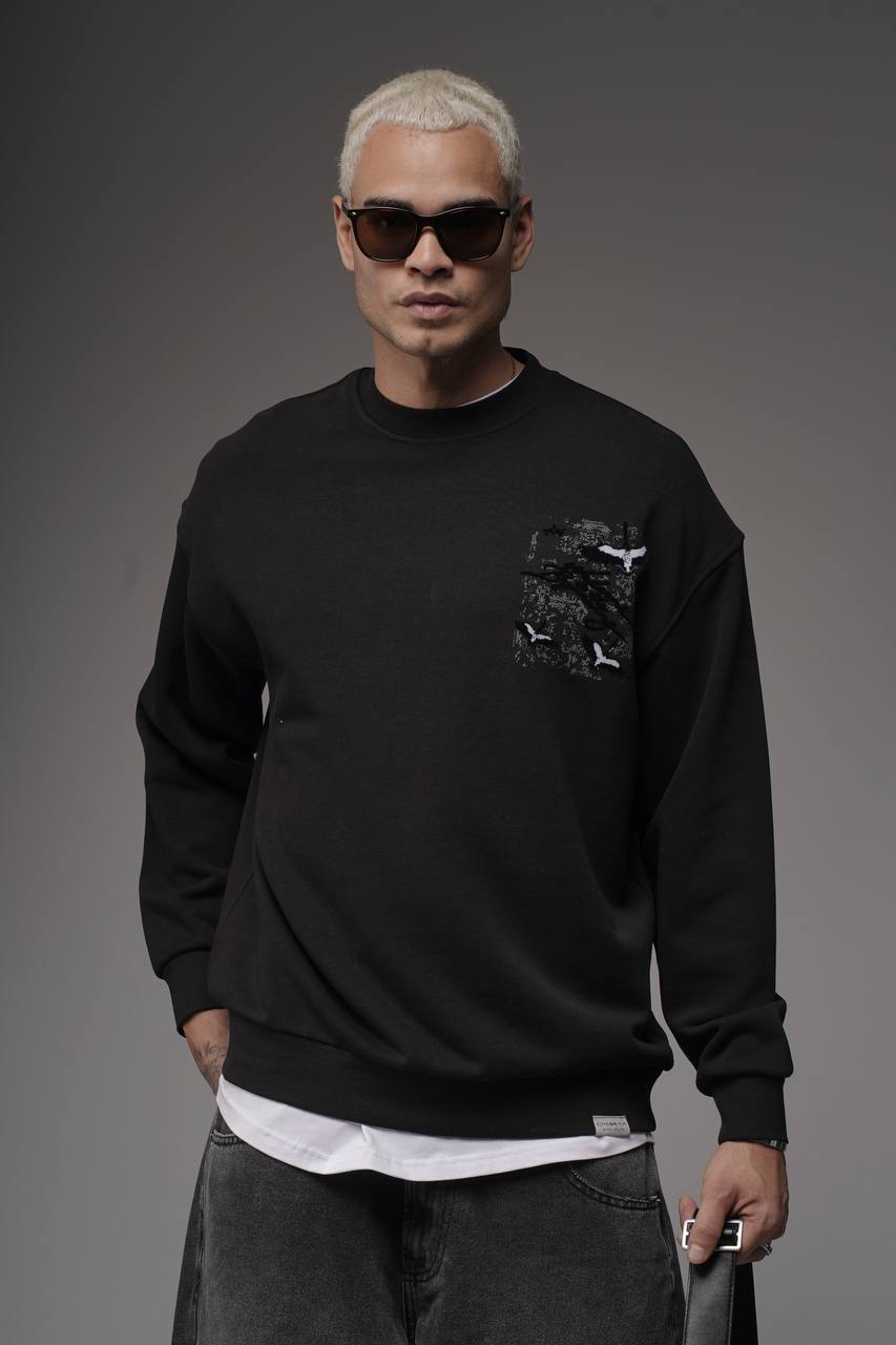 Erkek Siyah KUŞ 3 İplik Oversize Sırt Baskı Premium Sweatshirt