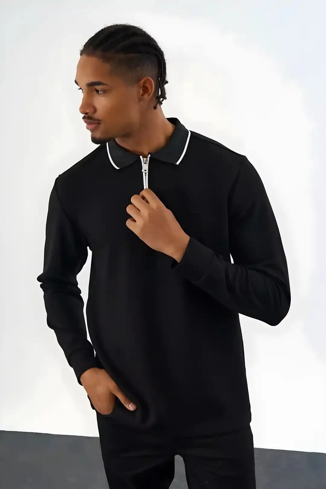 Erkek  Siyah Trikolu  Polo Yaka Sweatshirt