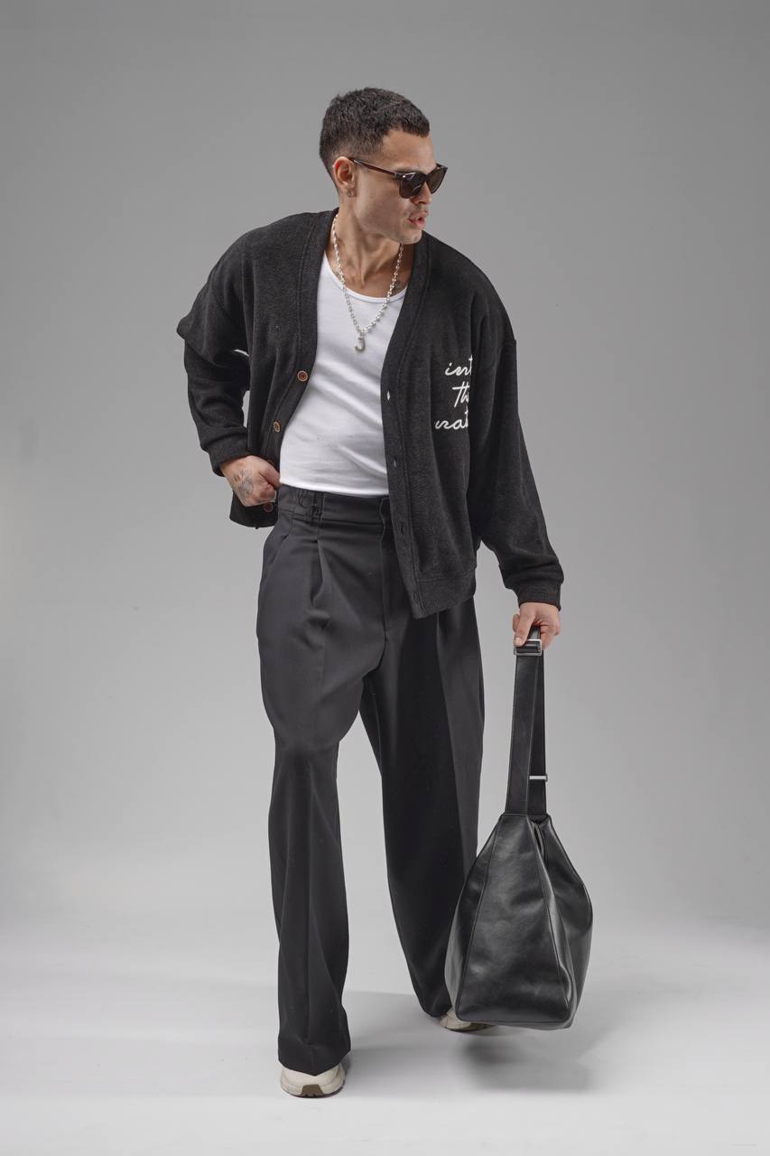 Erkek Siyah Cep Yazı Detay Hırka - S