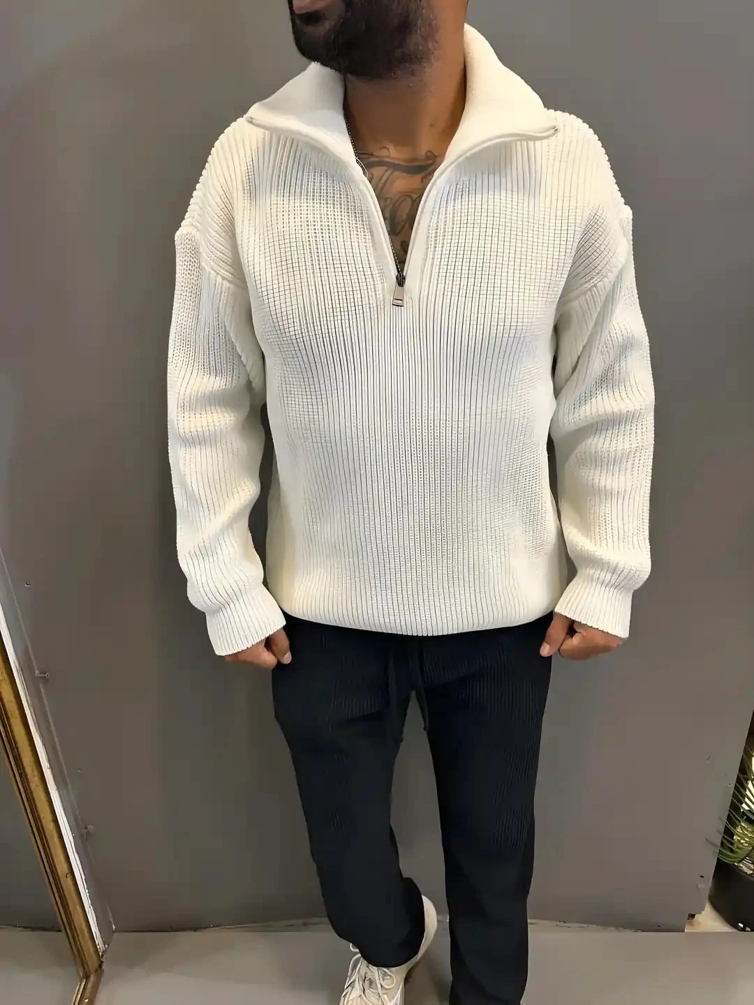 Erkek Krem Fermuarlı Triko Kazak