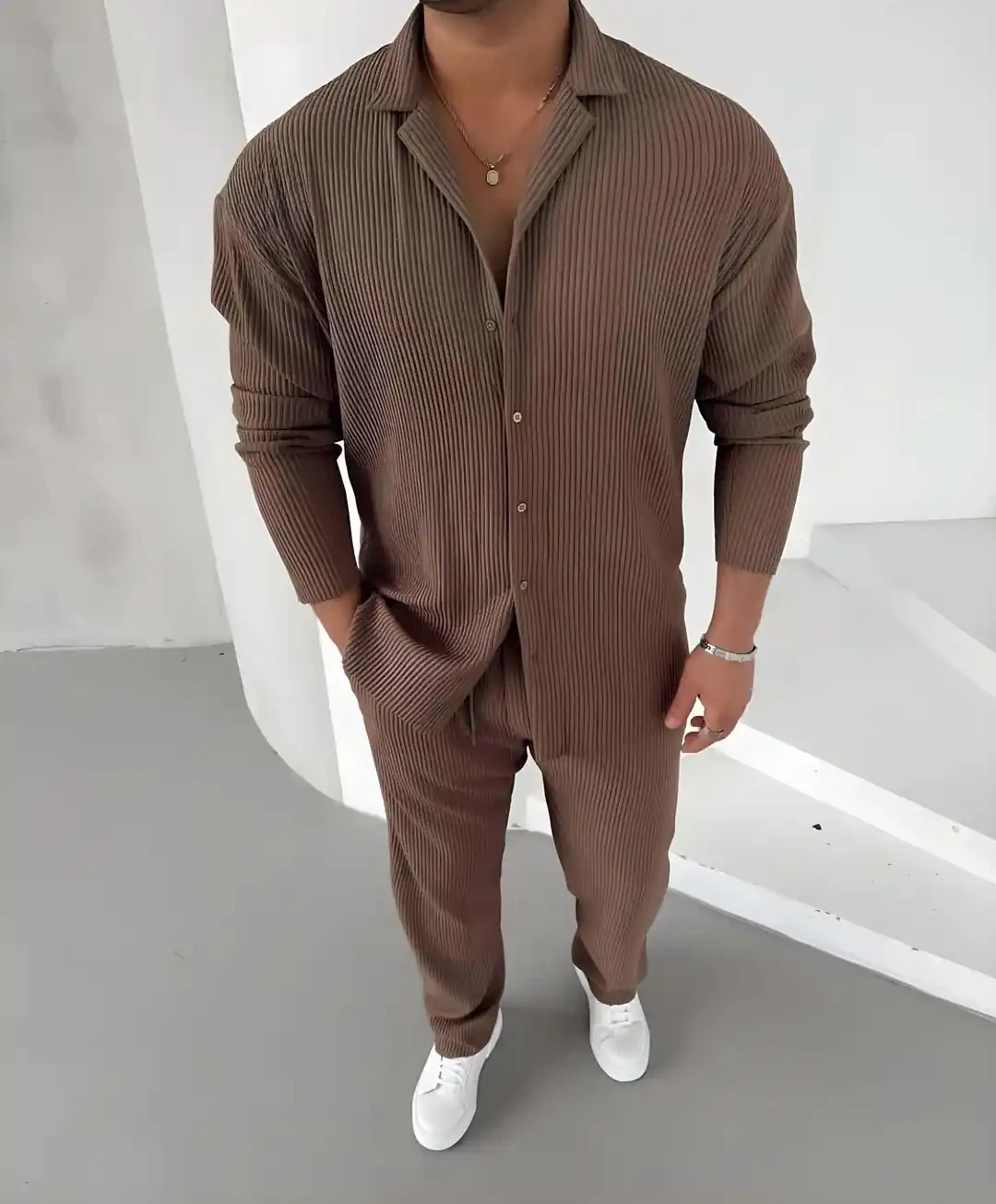 Erkek Kahve Fitilli Rahat kesim Takım