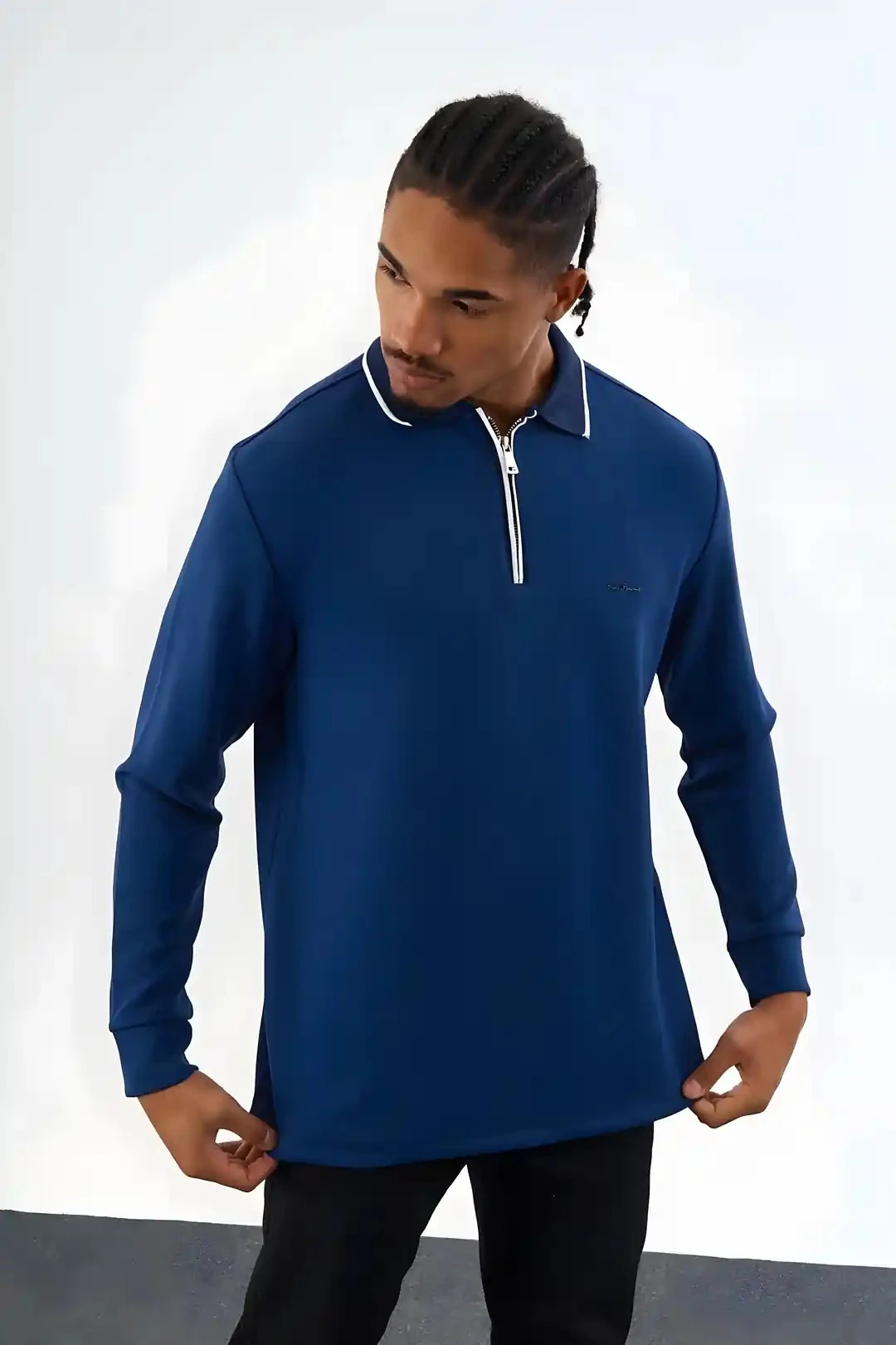 Erkek  Lacivert Trikolu  Polo Yaka Sweatshirt