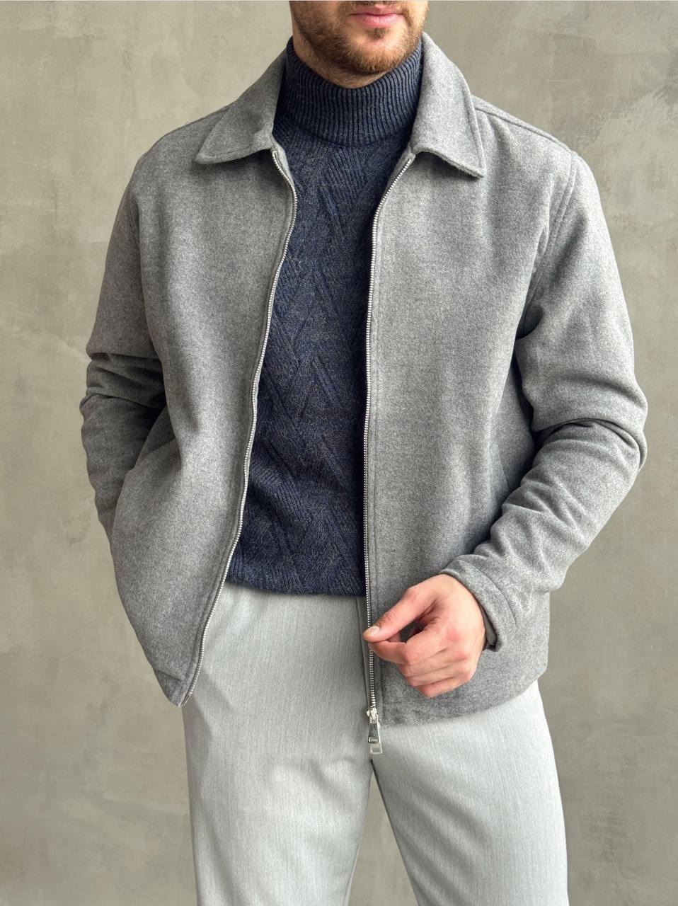 Erkek  Gri Fermuarlı Kaşe  Ceket