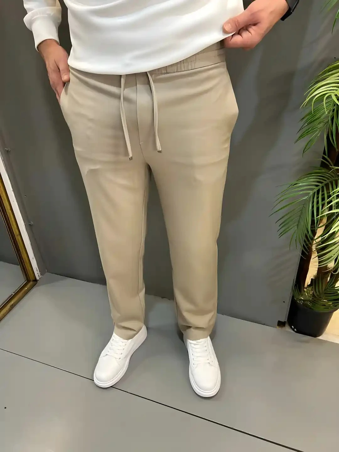 Erkek  Vizon Bel Bağcıklı Kumaş Baggy Pantolon