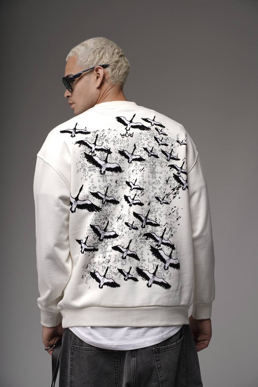 Erkek Beyaz KUŞ 3 İplik Oversize Sırt Baskı Premium Sweatshirt