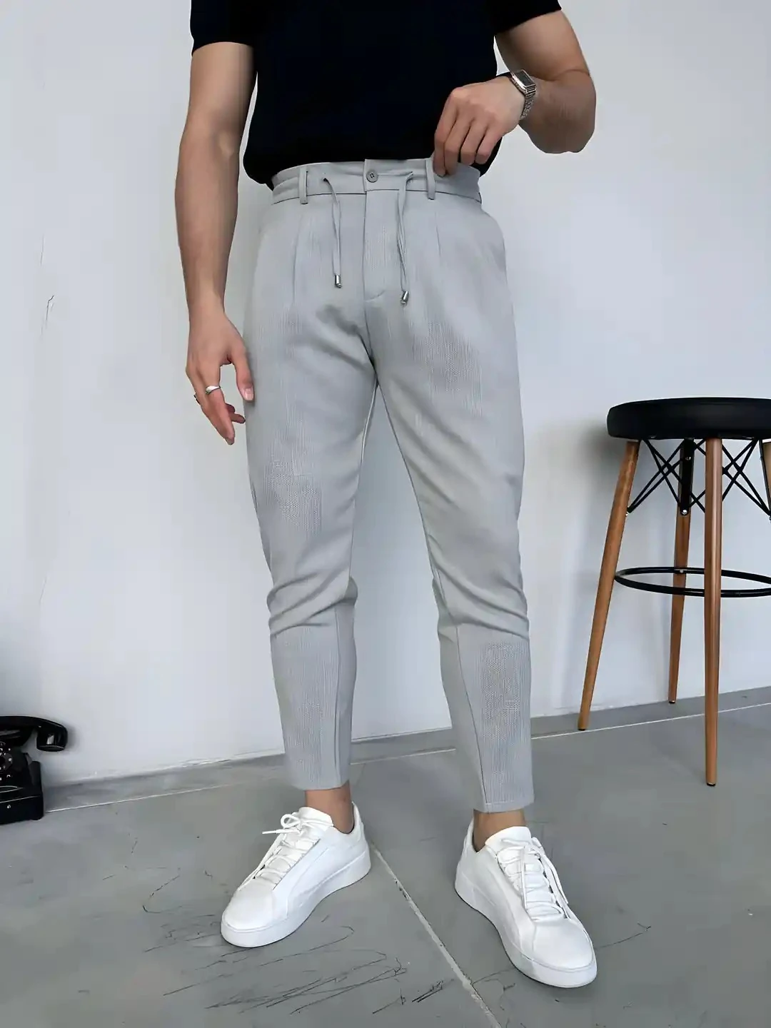 Erkek Gri Bel Bağcıklı jogger Pantolon