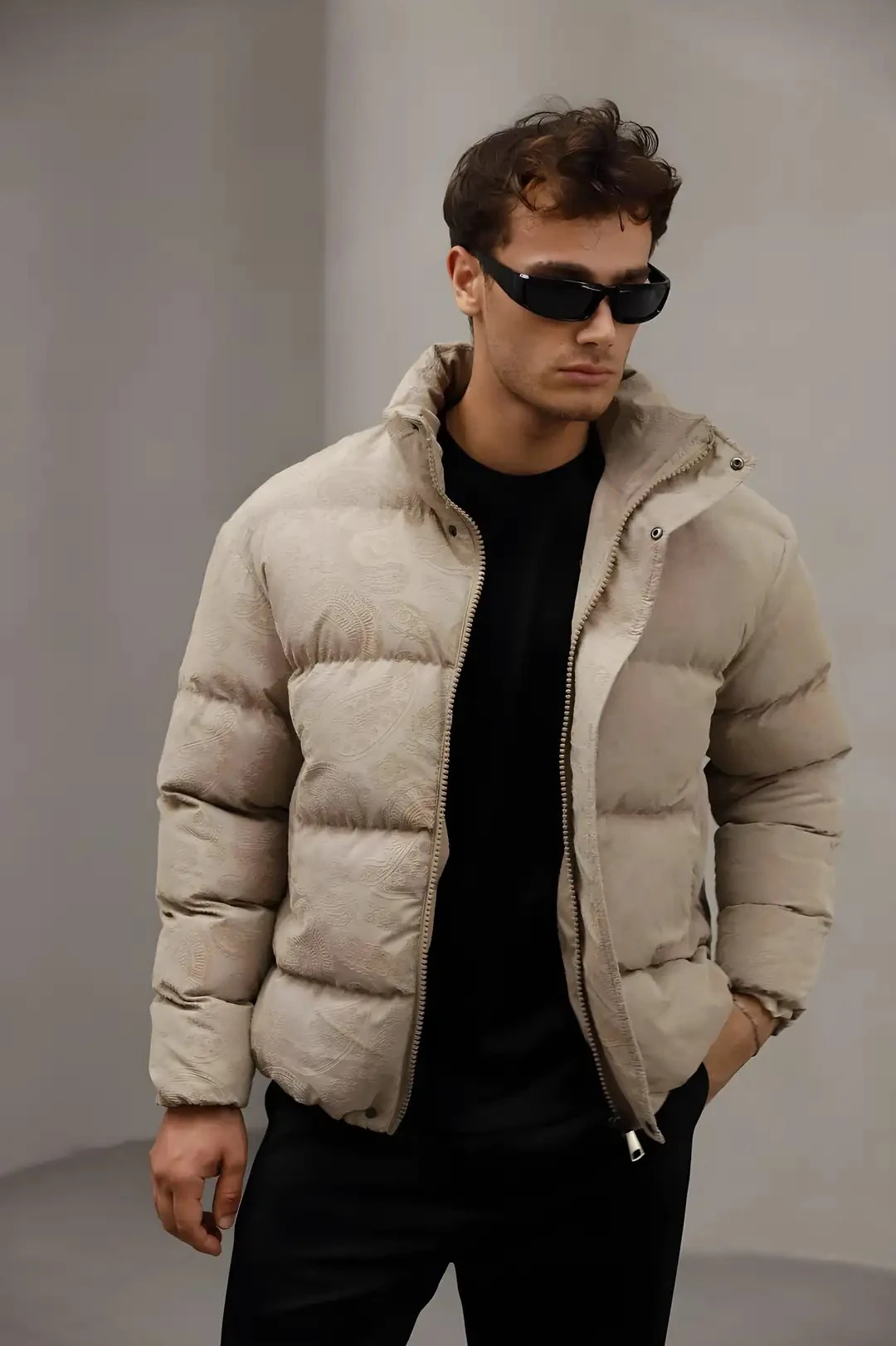 Erkek Bej Gölge Desen Şişme Mont