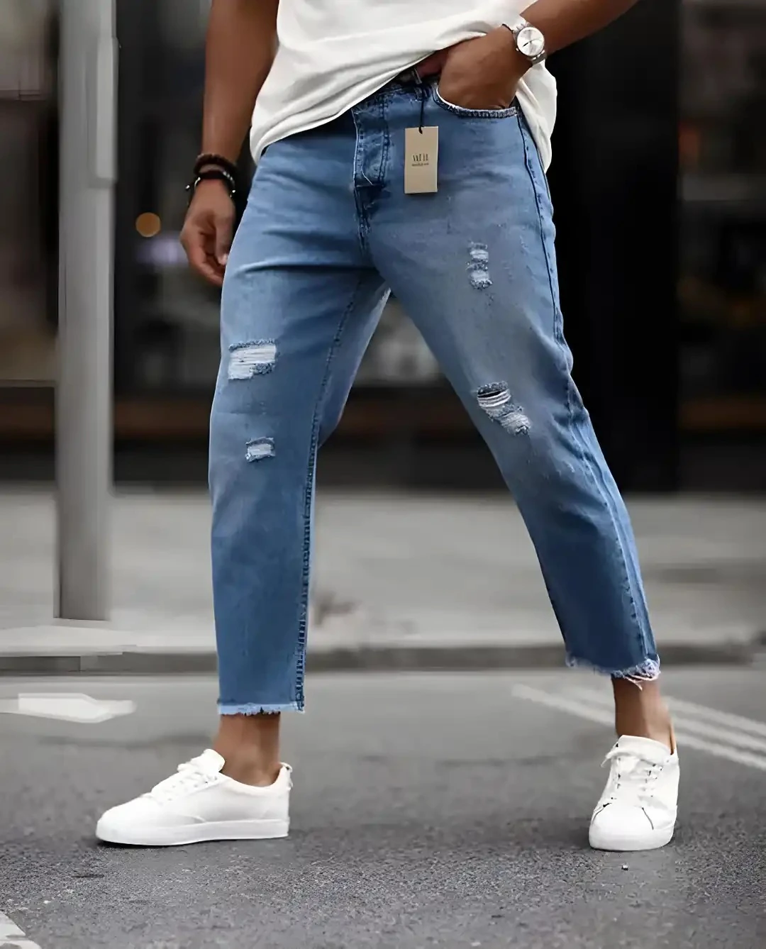 Erkek Buz Mavi Yırtıklı Boyfrind Kot Pantolon
