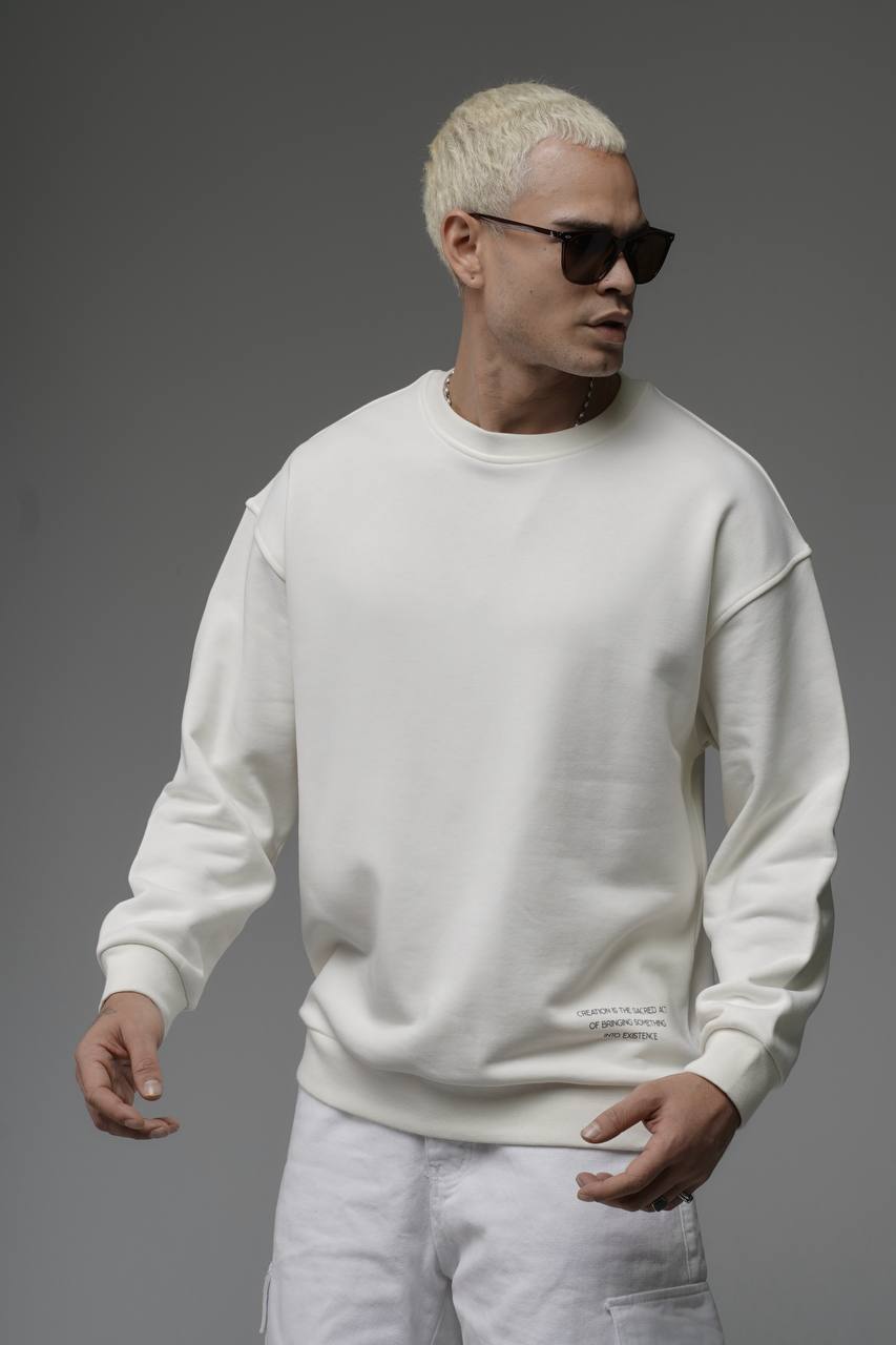 Erkek Beyaz Etnik Oversize Sırt Baskı Premium Sweatshirt