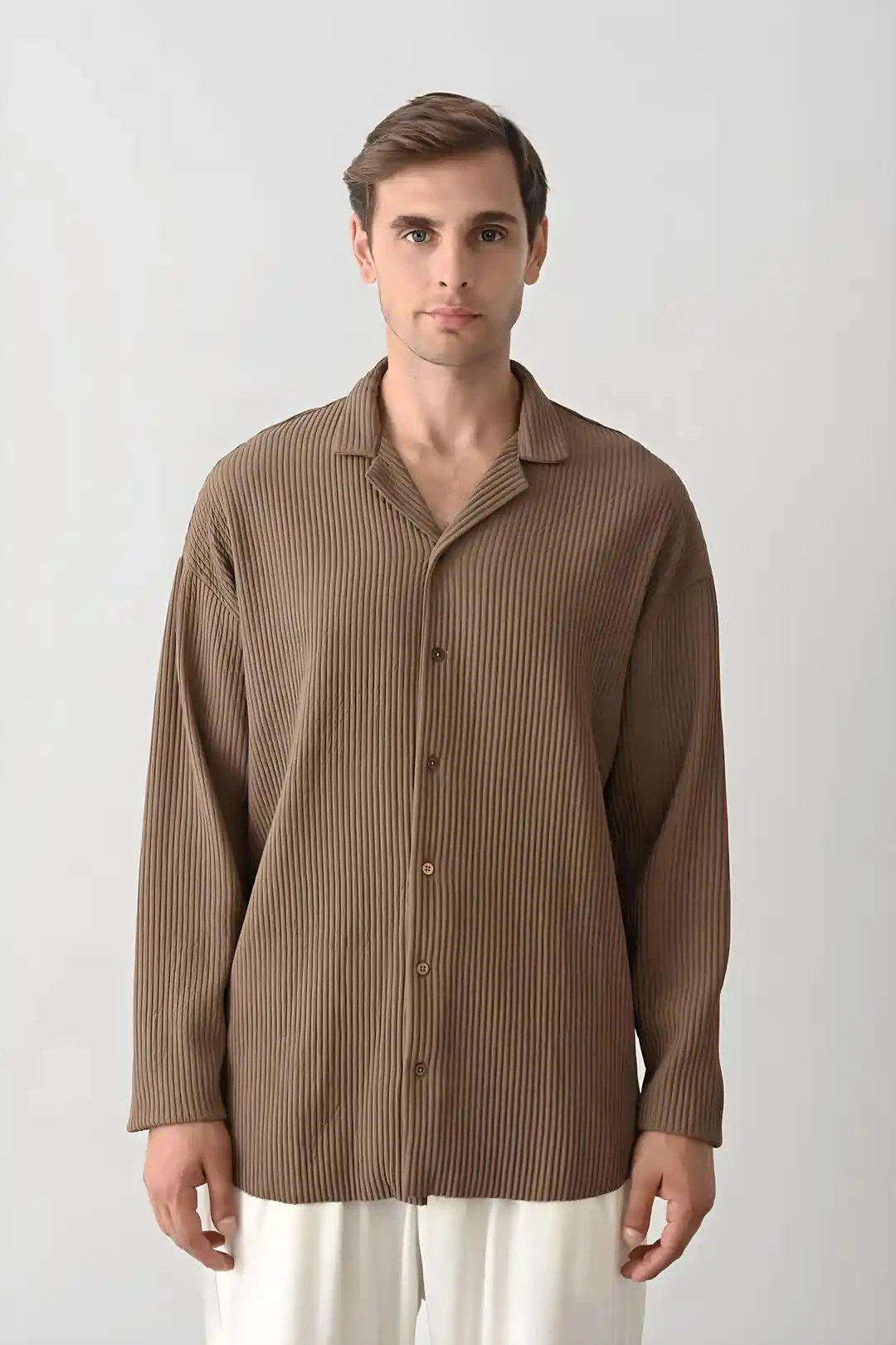 Erkek Kahve Fitilli Kumaş Gömlek 