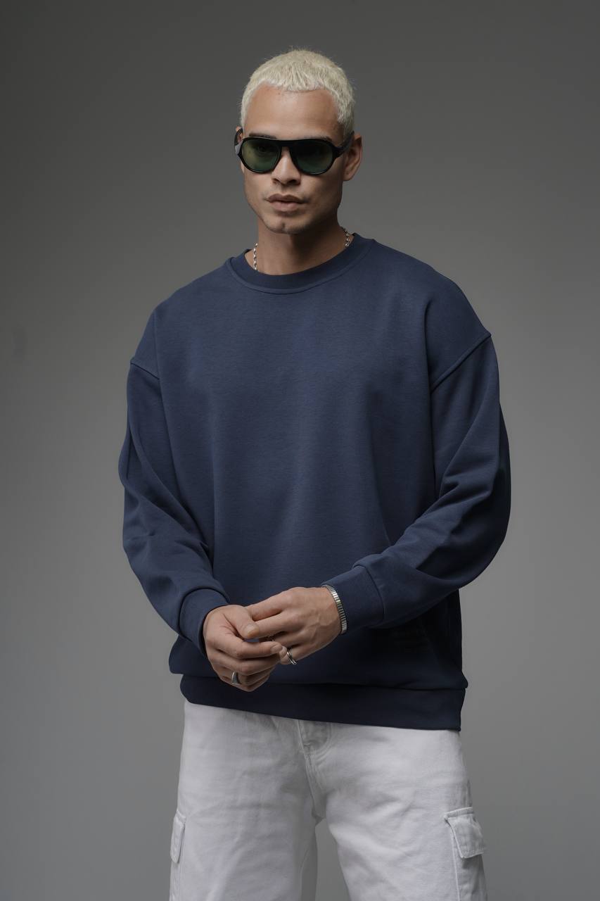 Erkek Lacivert Etnik Oversize Sırt Baskı Premium Sweatshirt