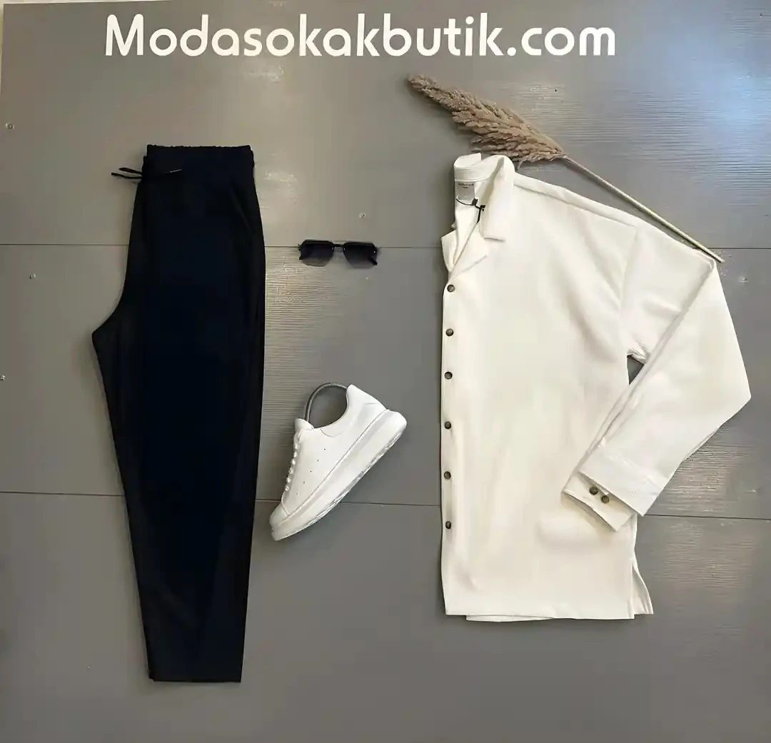 Erkek Fitilli Kumaş Beyaz Gömlek Siyah Pantolon Takım Kombin