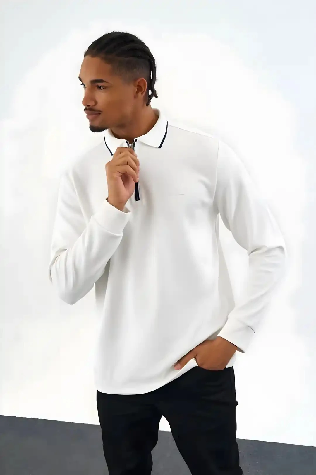 Erkek  Beyaz Trikolu  Polo Yaka Sweatshirt