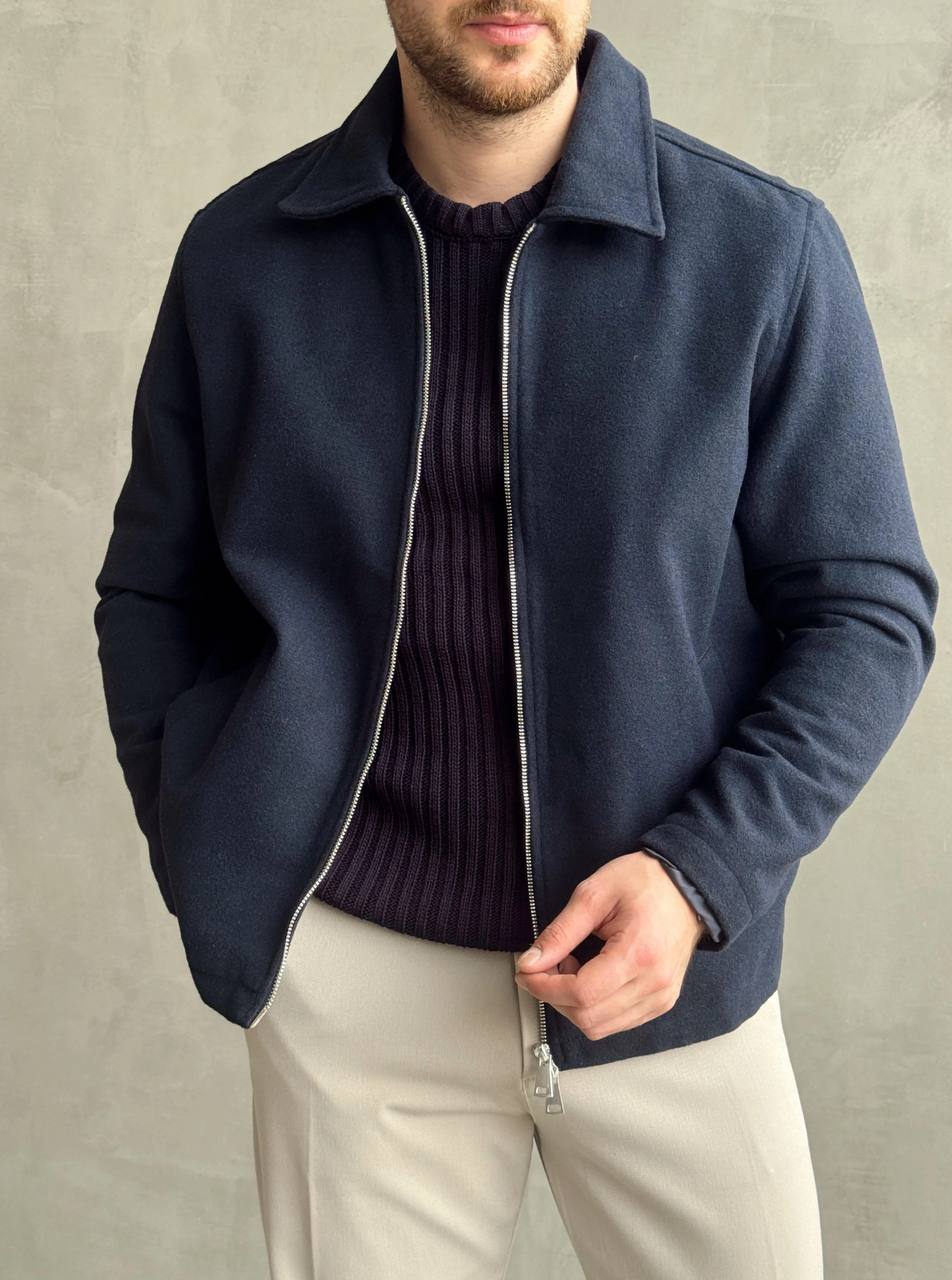 Erkek  Lacivert Fermuarlı Kaşe  Ceket