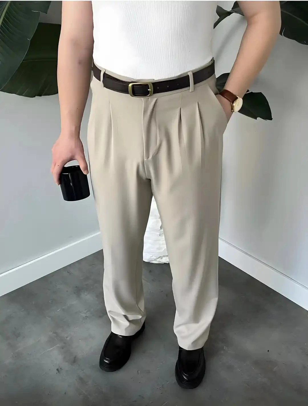 Erkek Bej Baggy Rahat Kumaş Kalıp Pantolon