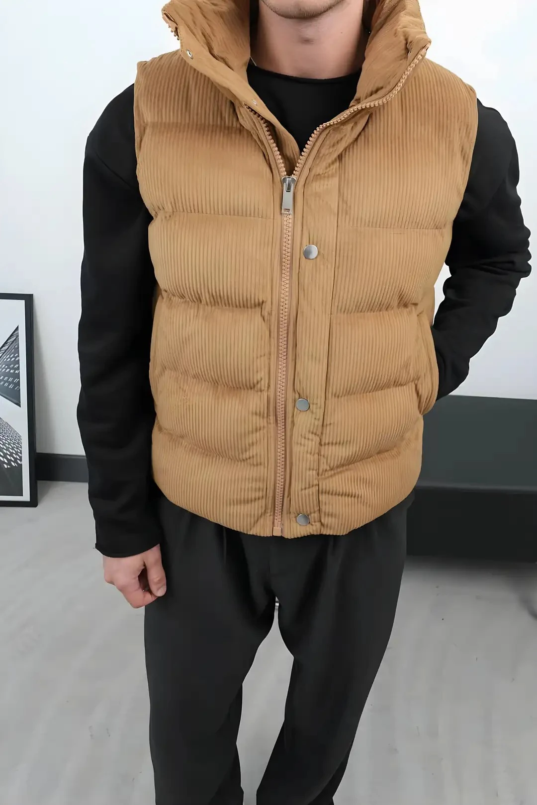 Erkek Taba Kadife Şişme Yelek