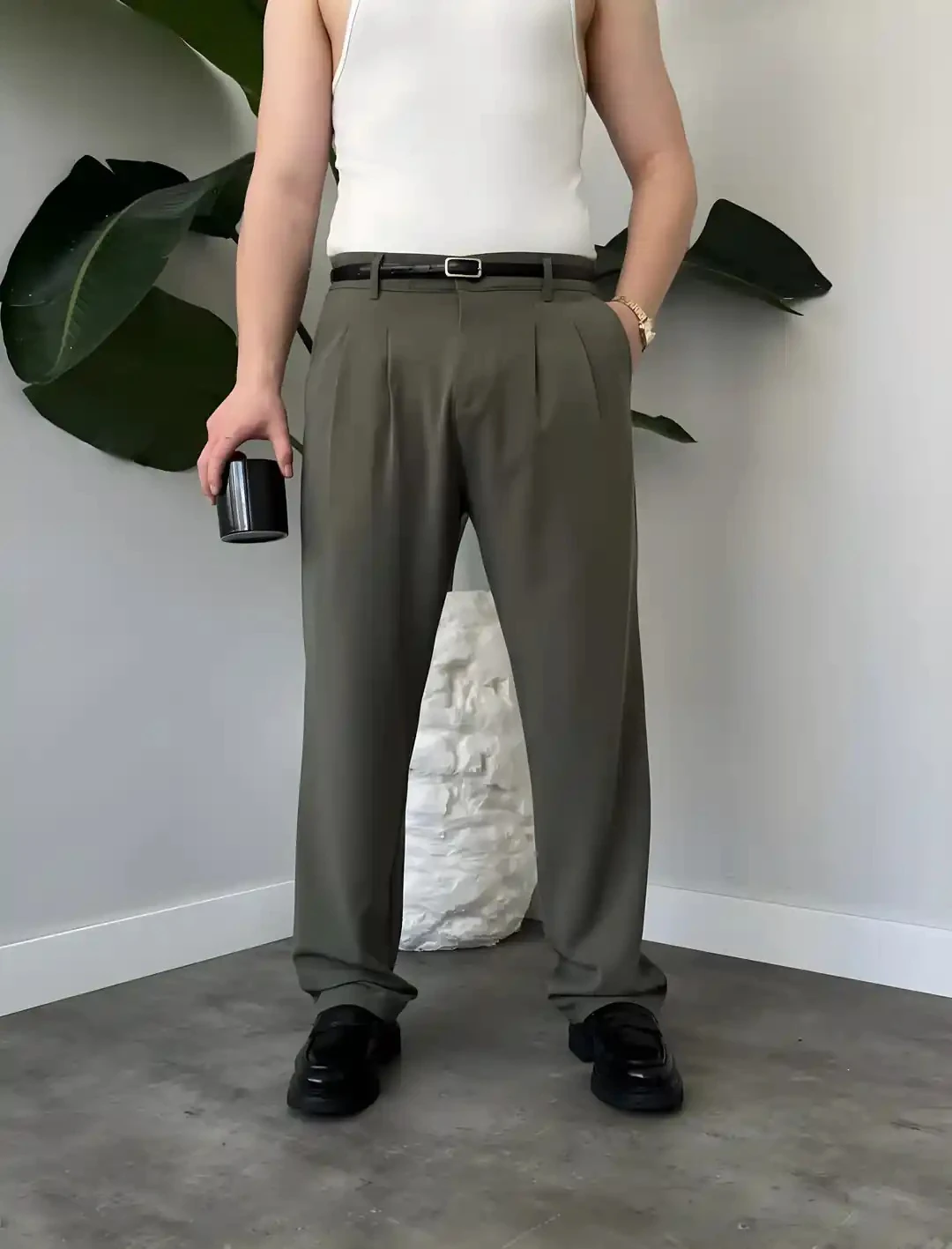 Erkek Haki Baggy Rahat Kumaş Kalıp Pantolon