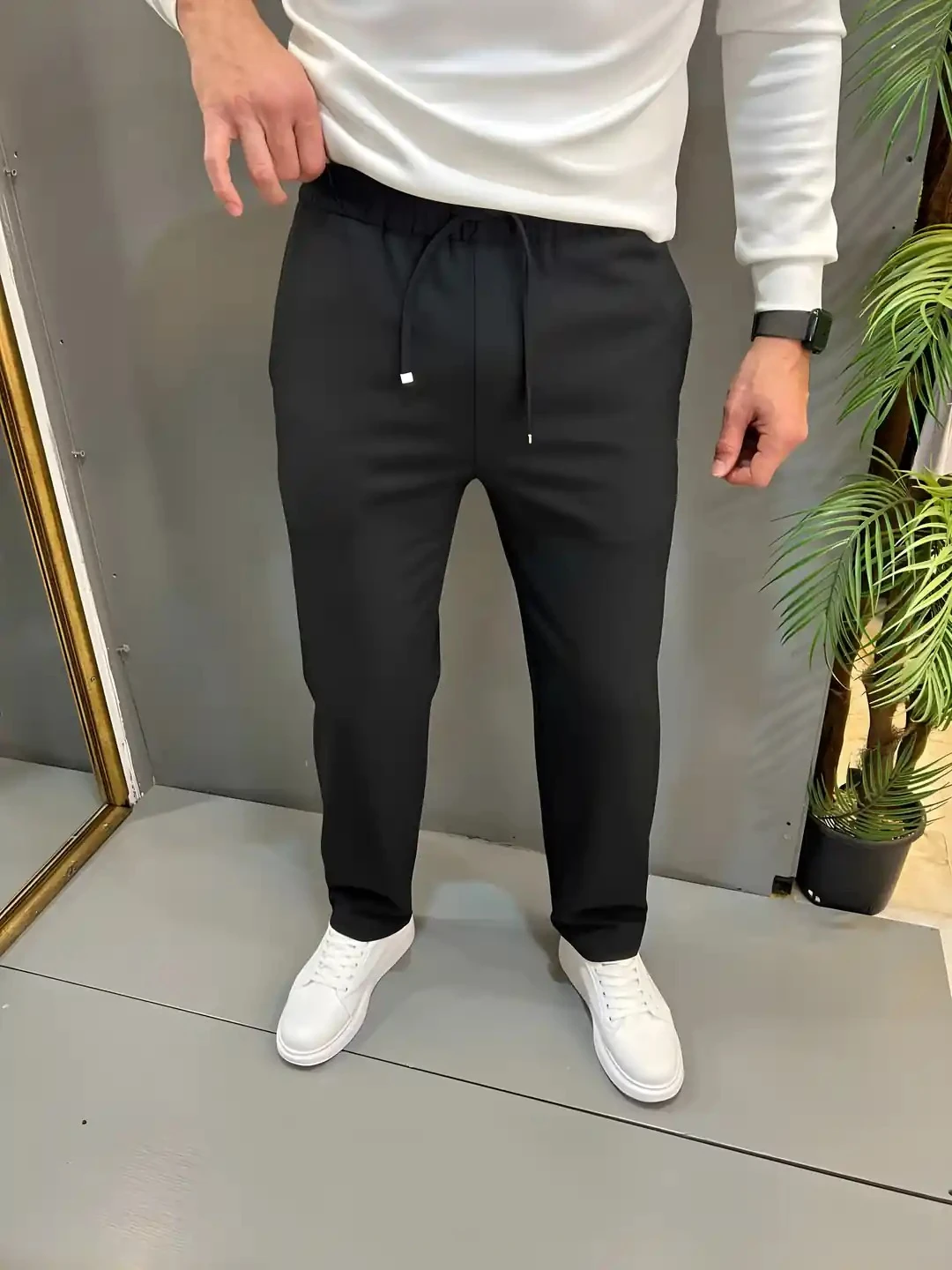 Erkek  Siyah Bel Bağcıklı Kumaş Baggy Pantolon