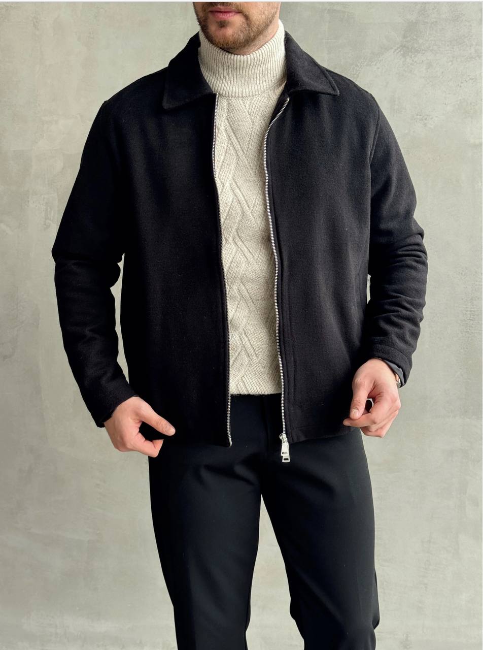 Erkek  Siyah Fermuarlı Kaşe  Ceket