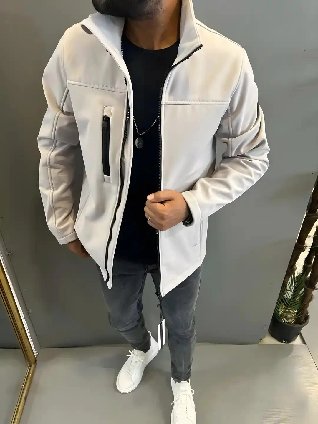 Erkek Gri Softjel Kumaş Su Ve Rüzgar Geçirmez İçi Polar   Ceket