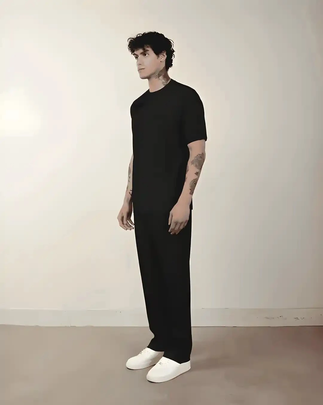 Erkek Siyah Fitilli Tsirt Rahat kesim Takım