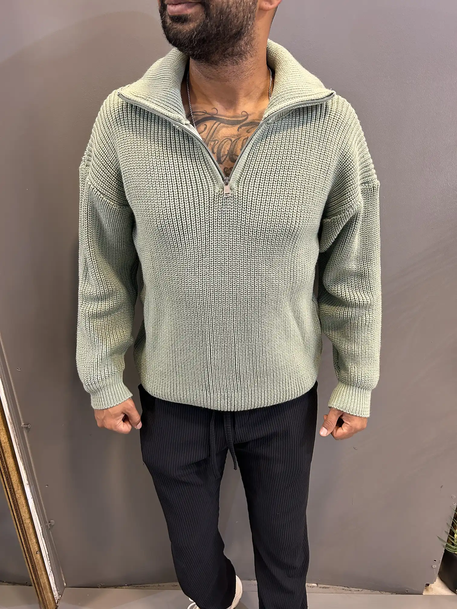 Erkek Yeşil Fermuarlı Triko Kazak