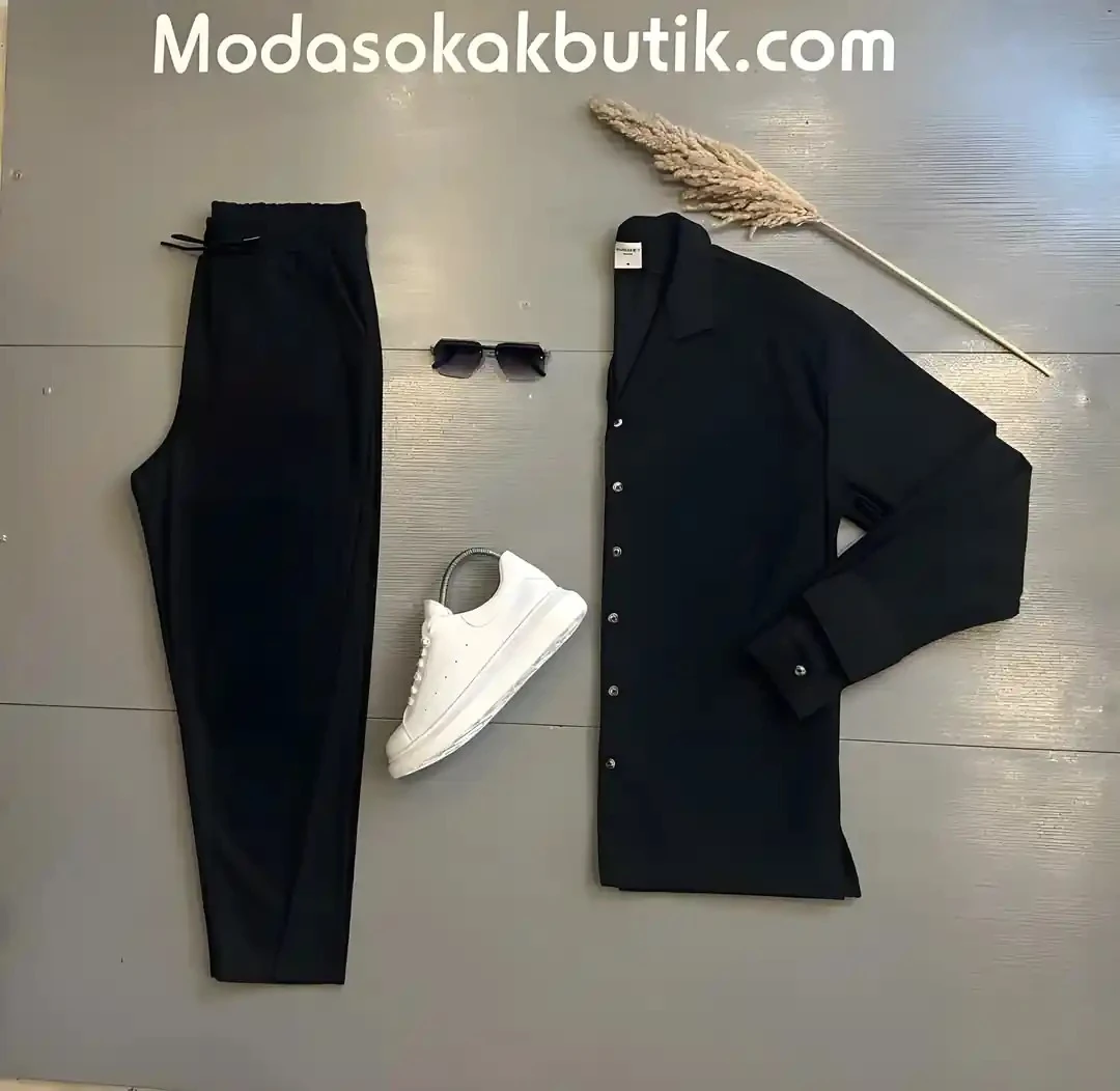 Erkek Fitilli Kumaş Siyah Gömlek Pantolon Takım Kombin