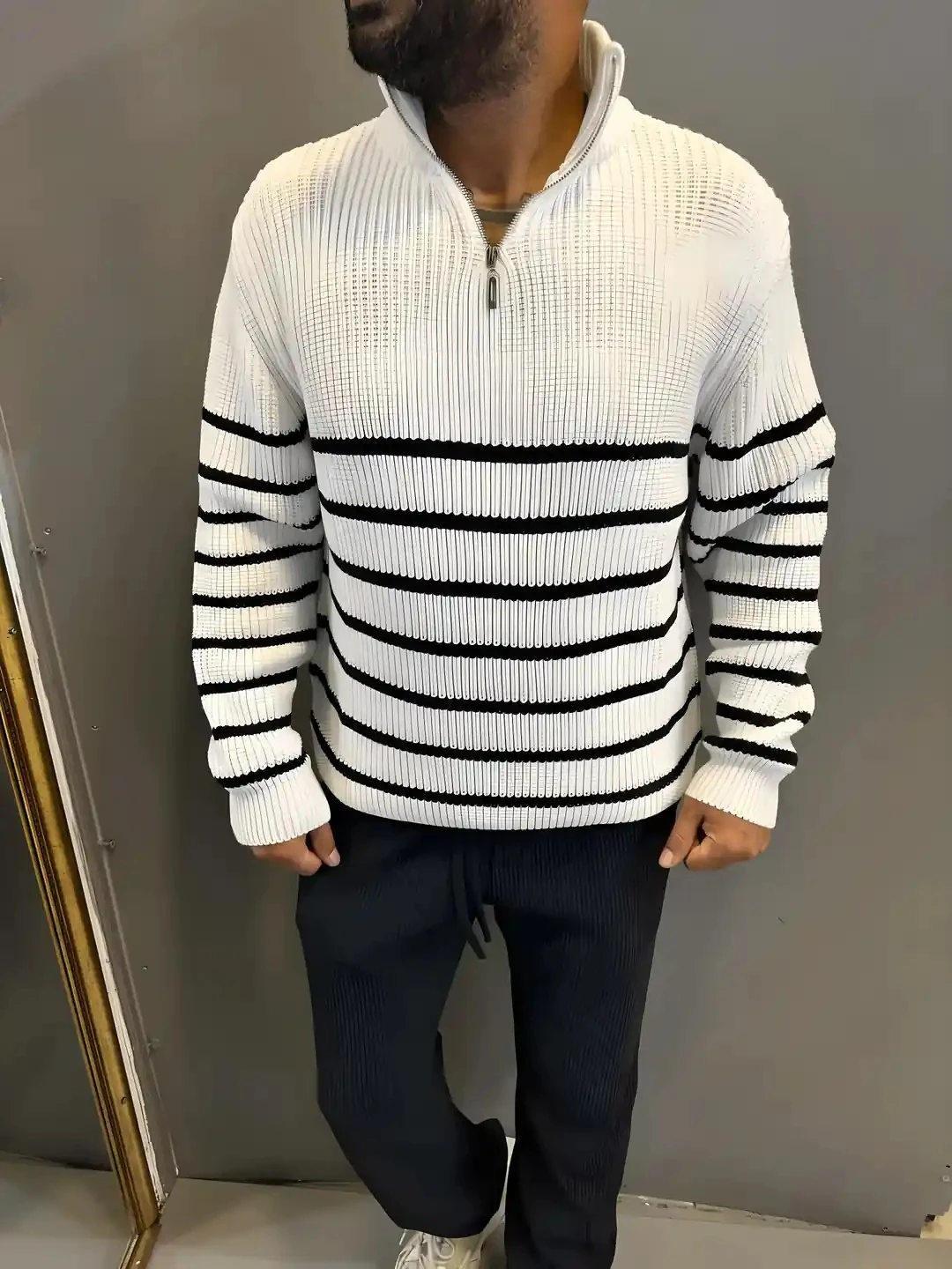 Erkek Çizgili beyaz Triko Kazak