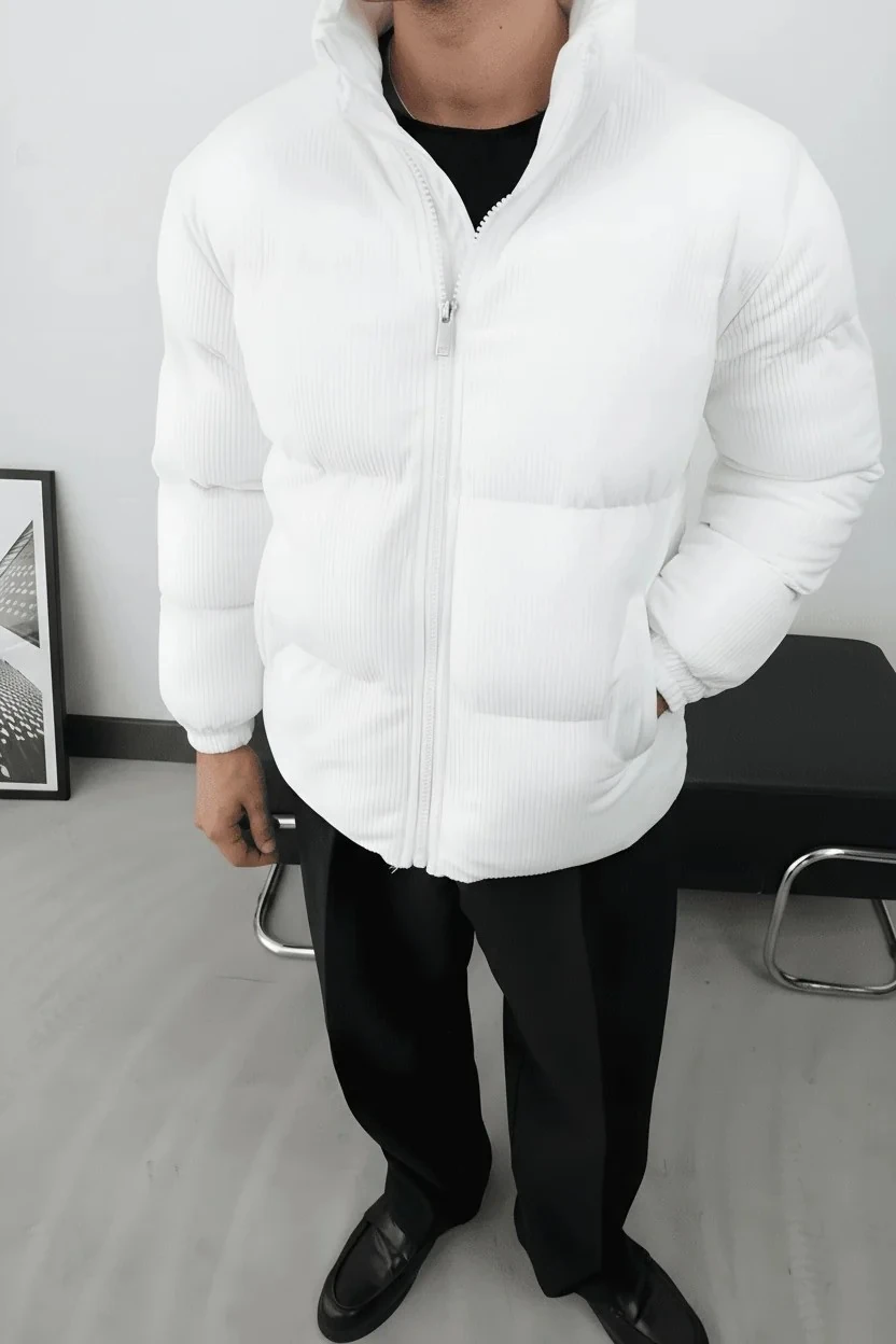 Erkek Beyaz Kadife  Şişme Bomber Mont