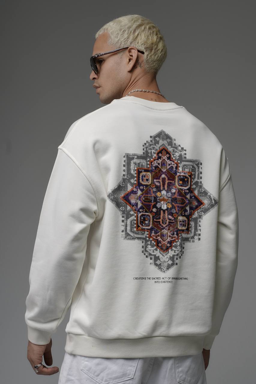 Erkek Beyaz Etnik Oversize Sırt Baskı Premium Sweatshirt
