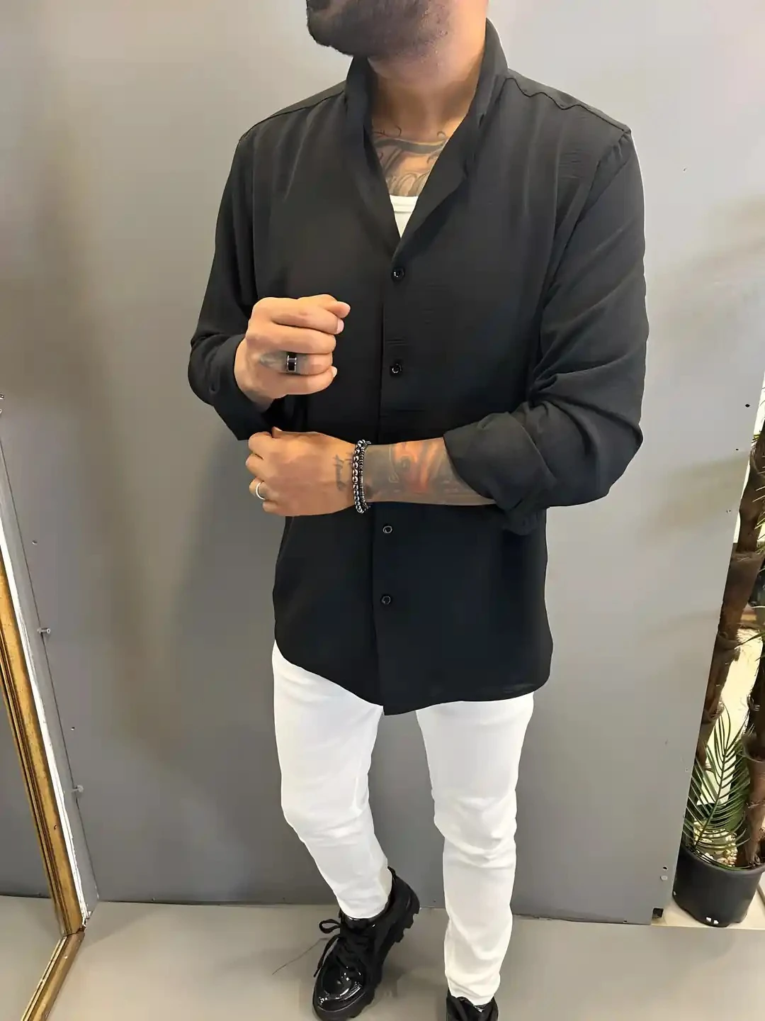  Erkek Siyah Özel Ütü İstemeyen Kumaş Gömlek 