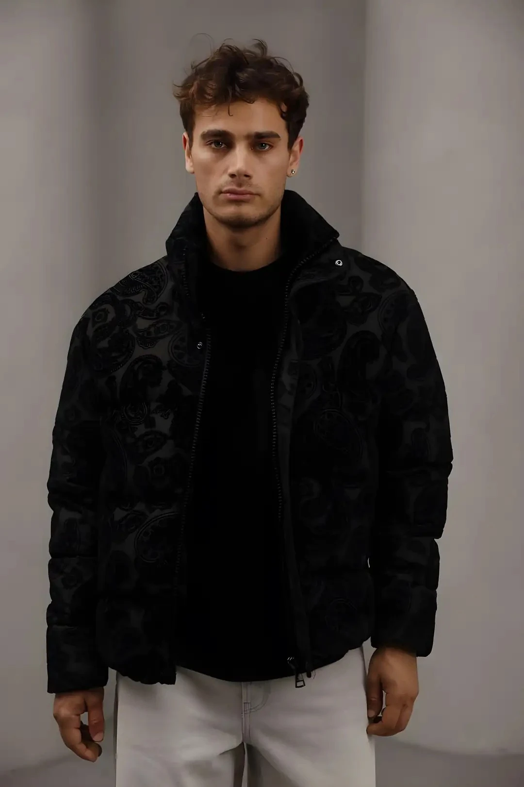 Erkek Siyah Gölge Desen Şişme Mont