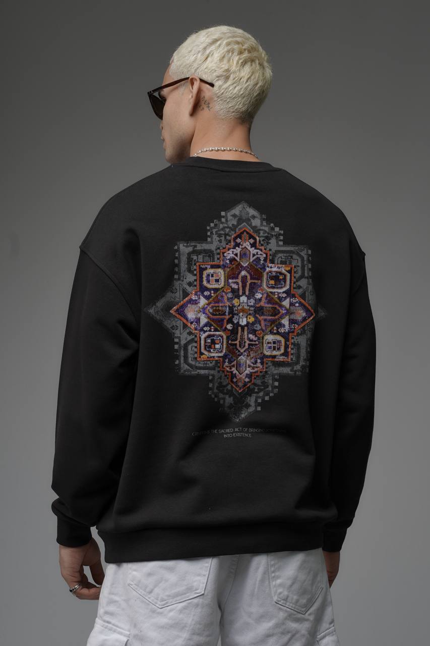 Erkek Siyah Etnik Oversize Sırt Baskı Premium Sweatshirt