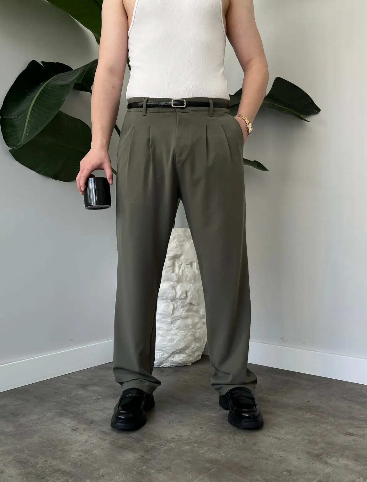 Erkek Haki Baggy Rahat Kumaş Kalıp Pantolon