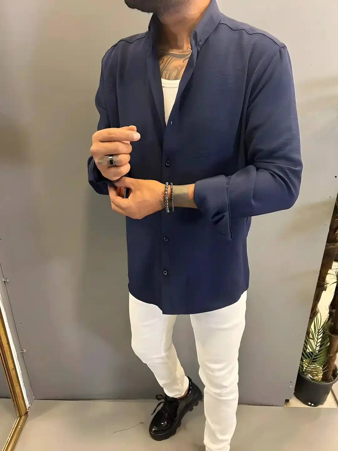  Erkek Lacivert Özel Ütü İstemeyen Kumaş Gömlek 