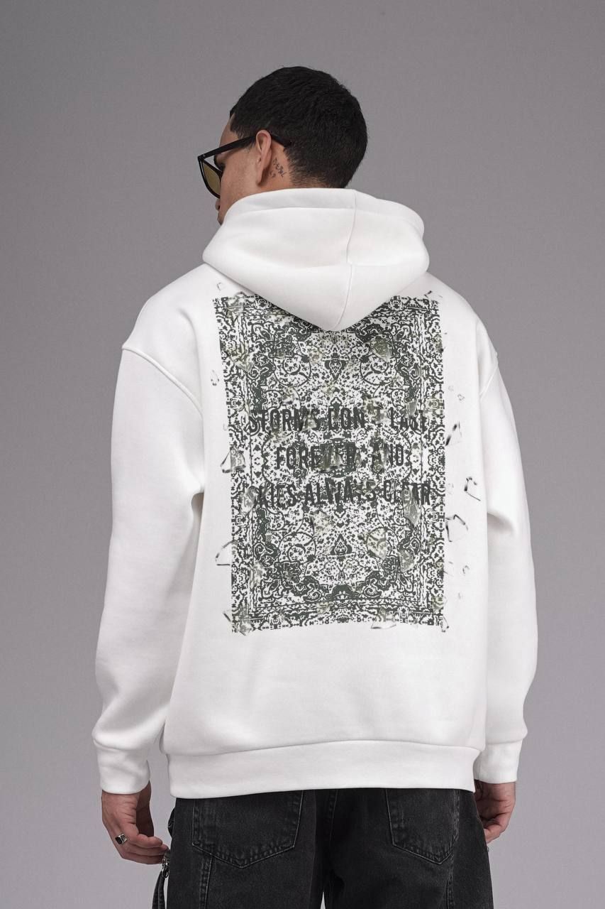 Erkek Beyaz Kapşonlu 3 İplik Oversize Sırt Baskı Premium Sweatshirt