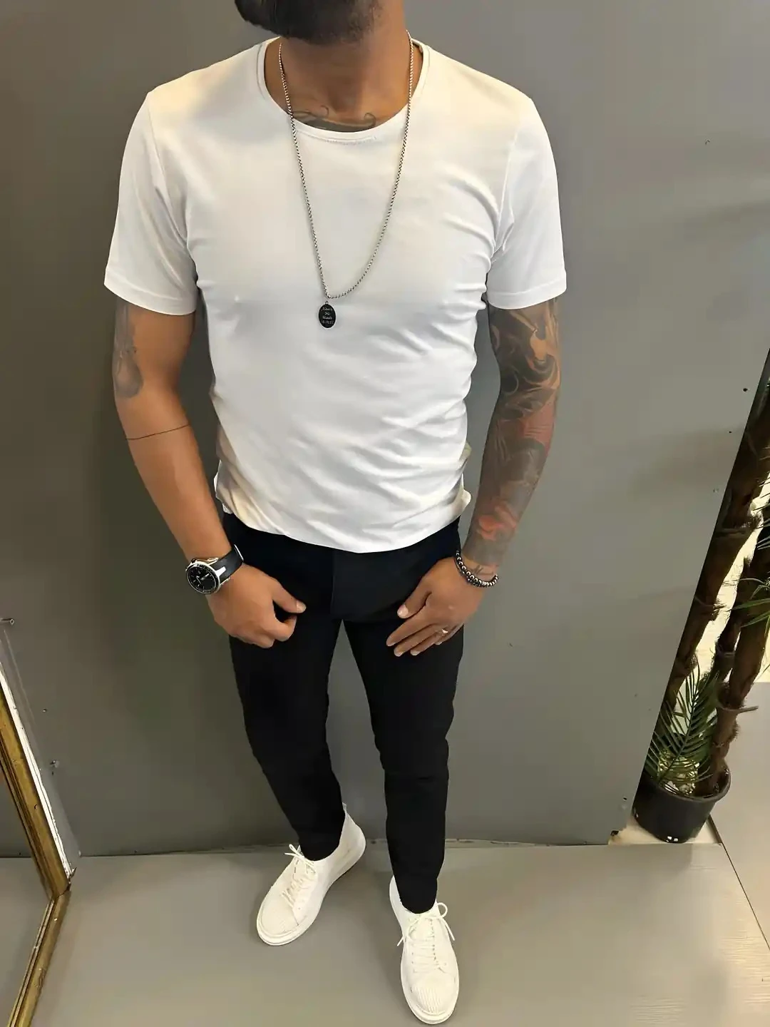 Erkek Siyah Dar Kalıp Basic T-Shirt