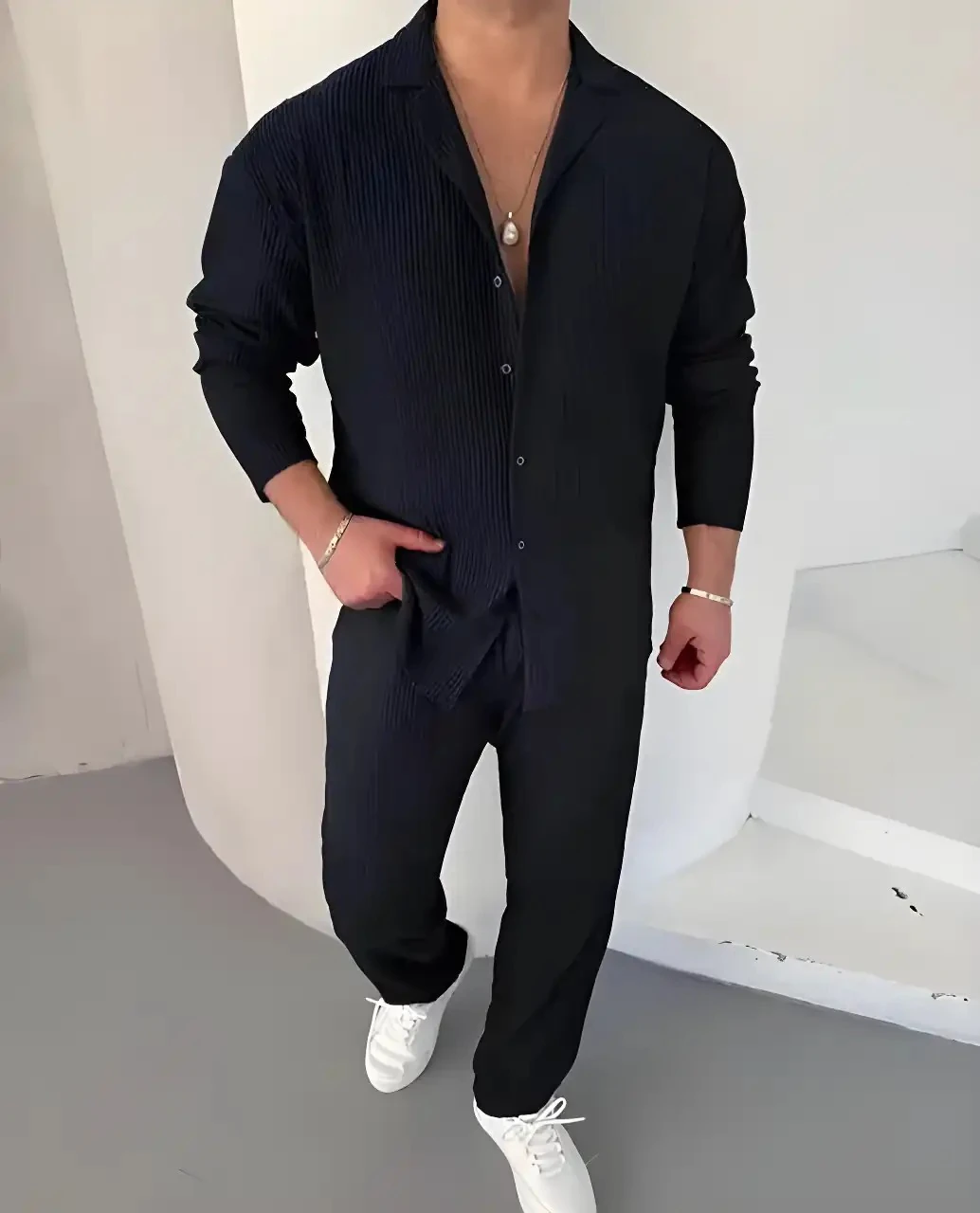 Erkek Siyah Fitilli Rahat kesim Takım